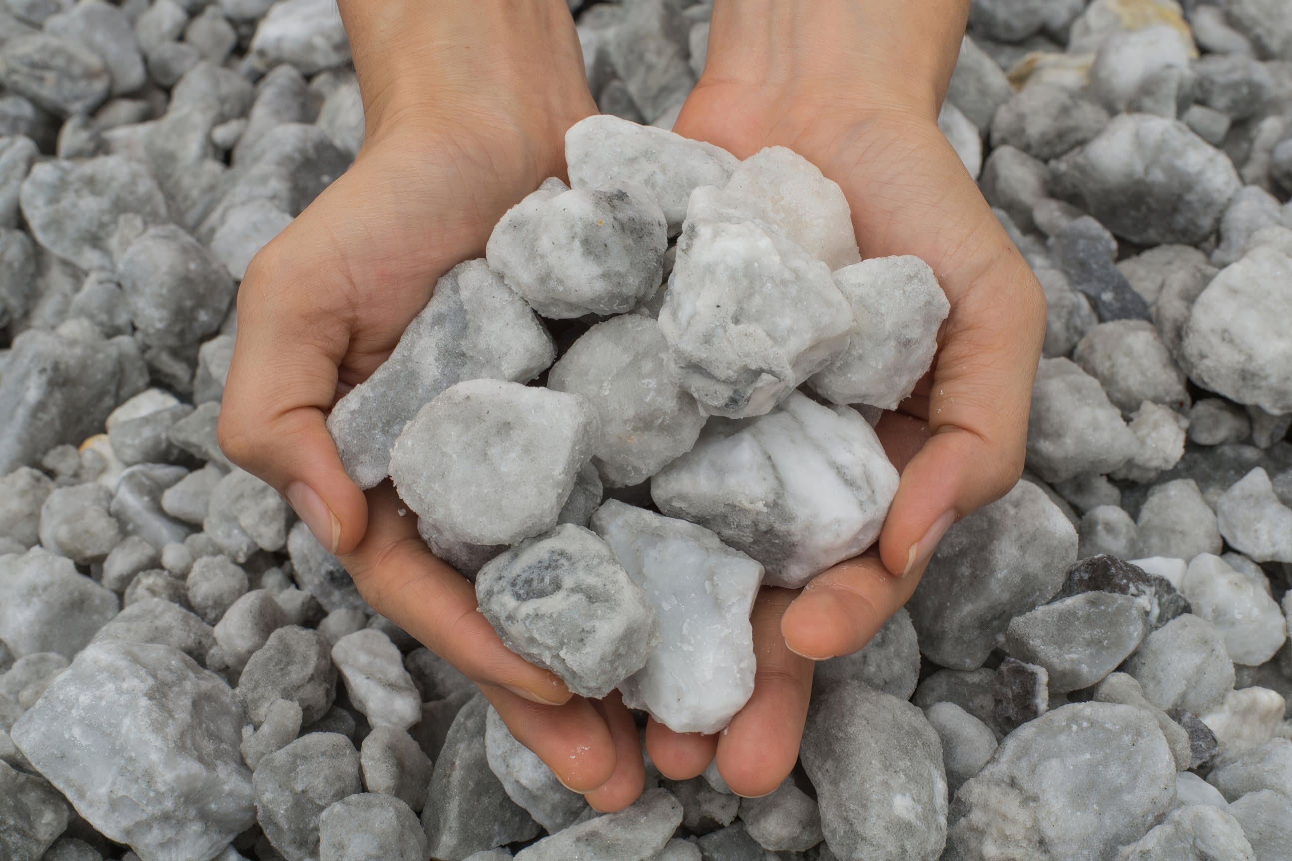 Hands holding gypsum rock from the Flat Bay Project