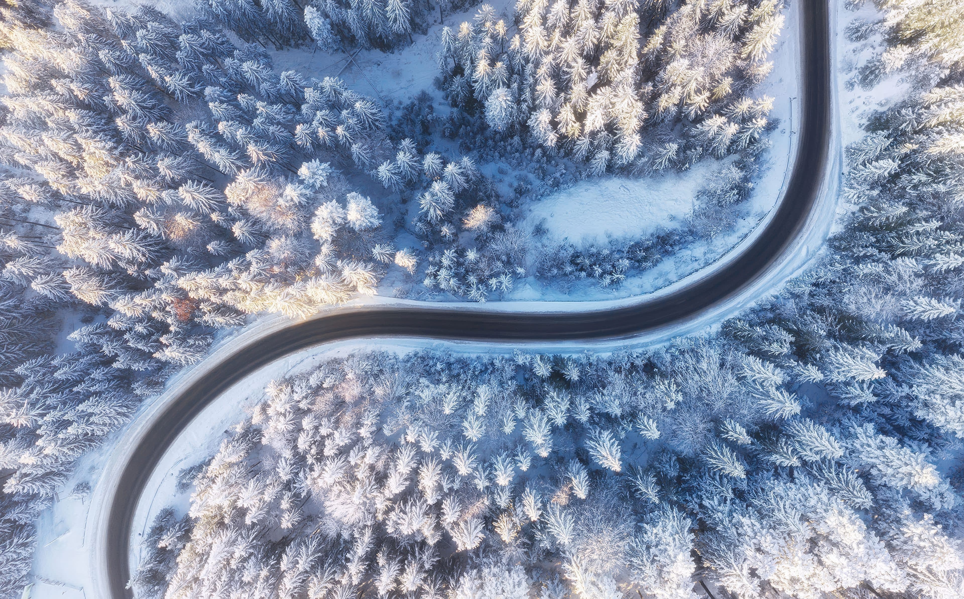 Winter road winding through snow-covered forest