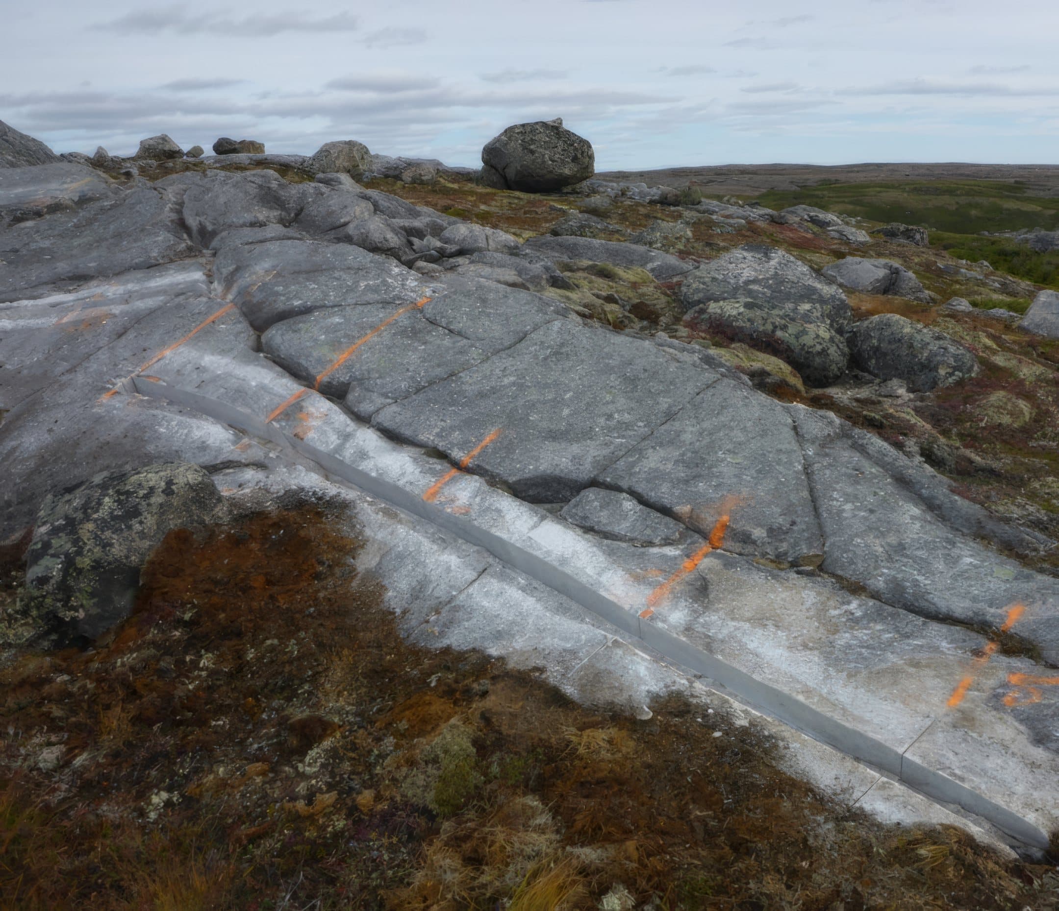 Channel-sampled nepheline outcrop at the Black Bay Property, southern Labrador
